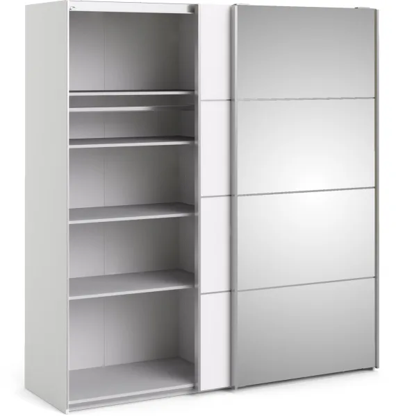 TVILUM Verona Skydedørsskab - hvid træ og spejlglas, 2 skydedøre m. hylder